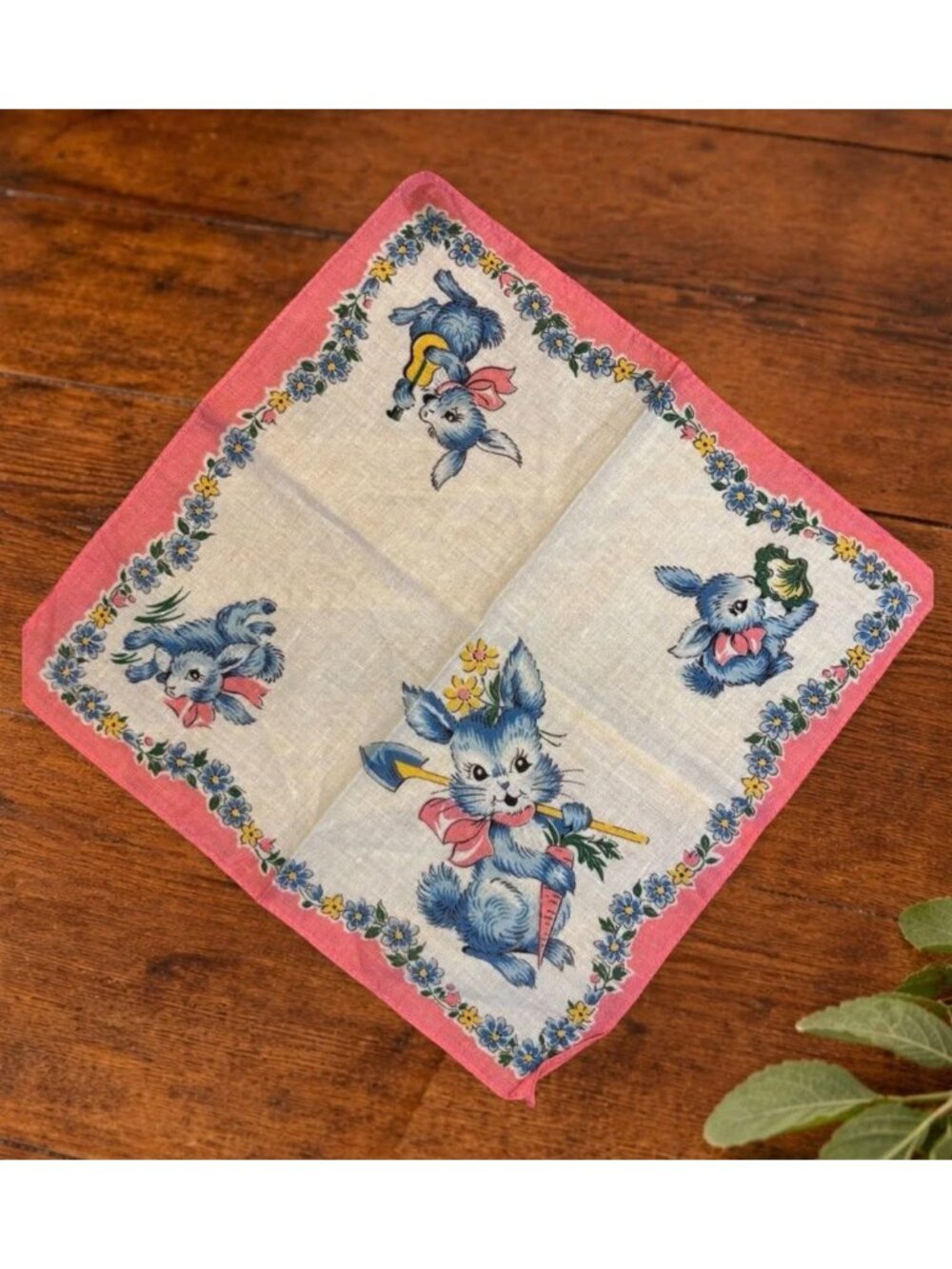 Vintage Kids Handkerchief With Blue Bunny Design & Pink Floral Border